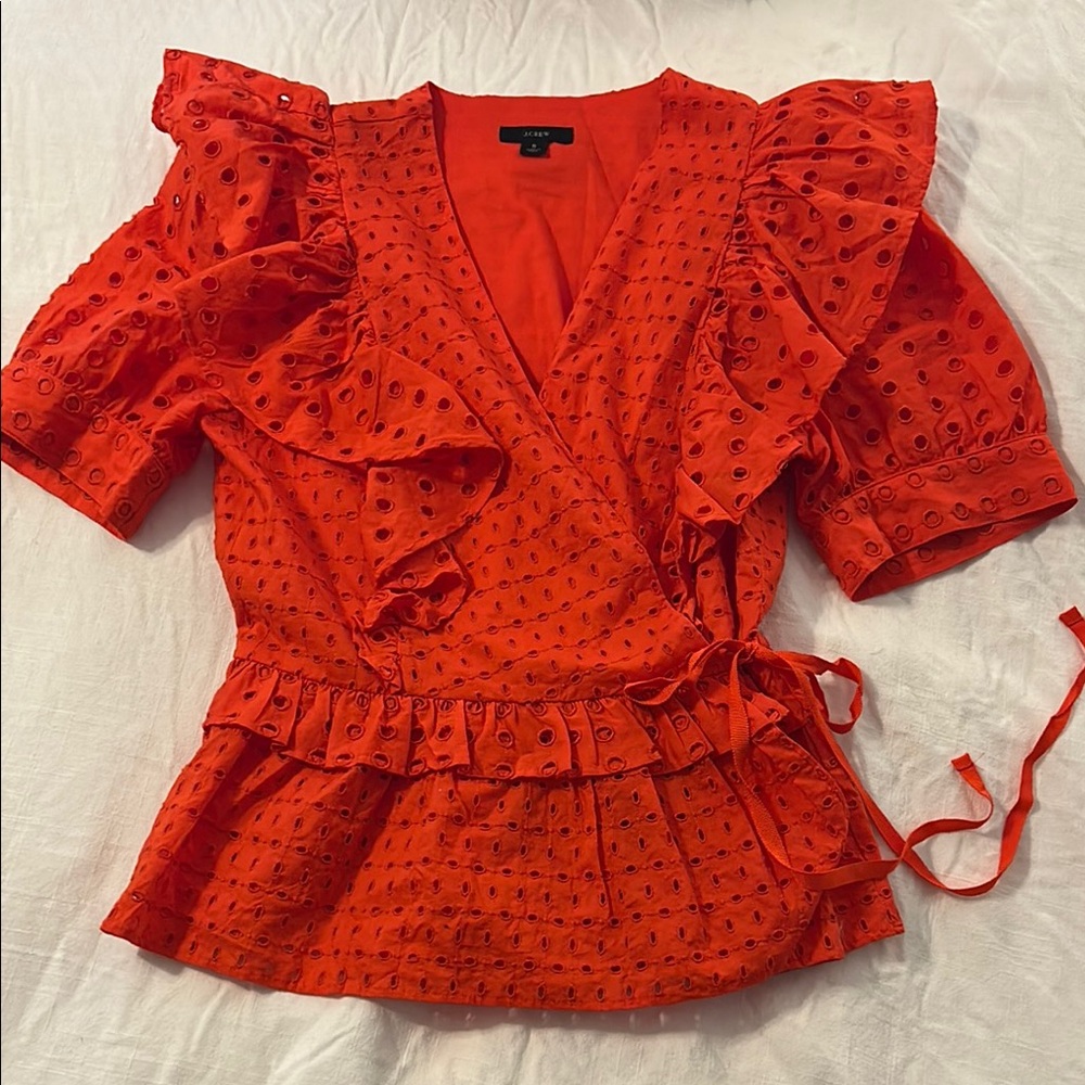 J. Crew Red Ruffled Wrap Blouse